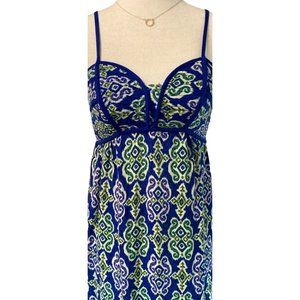 Xhilaration Dress Women Size XS Royal Blue Green Smocked Empire Maxi Island Boho